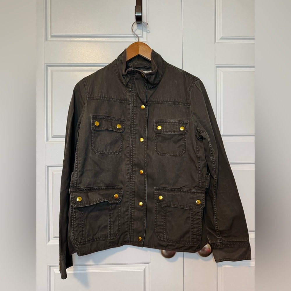 J. Crew Dark Olive Utility Jacket with Gold Buttons and Zipper